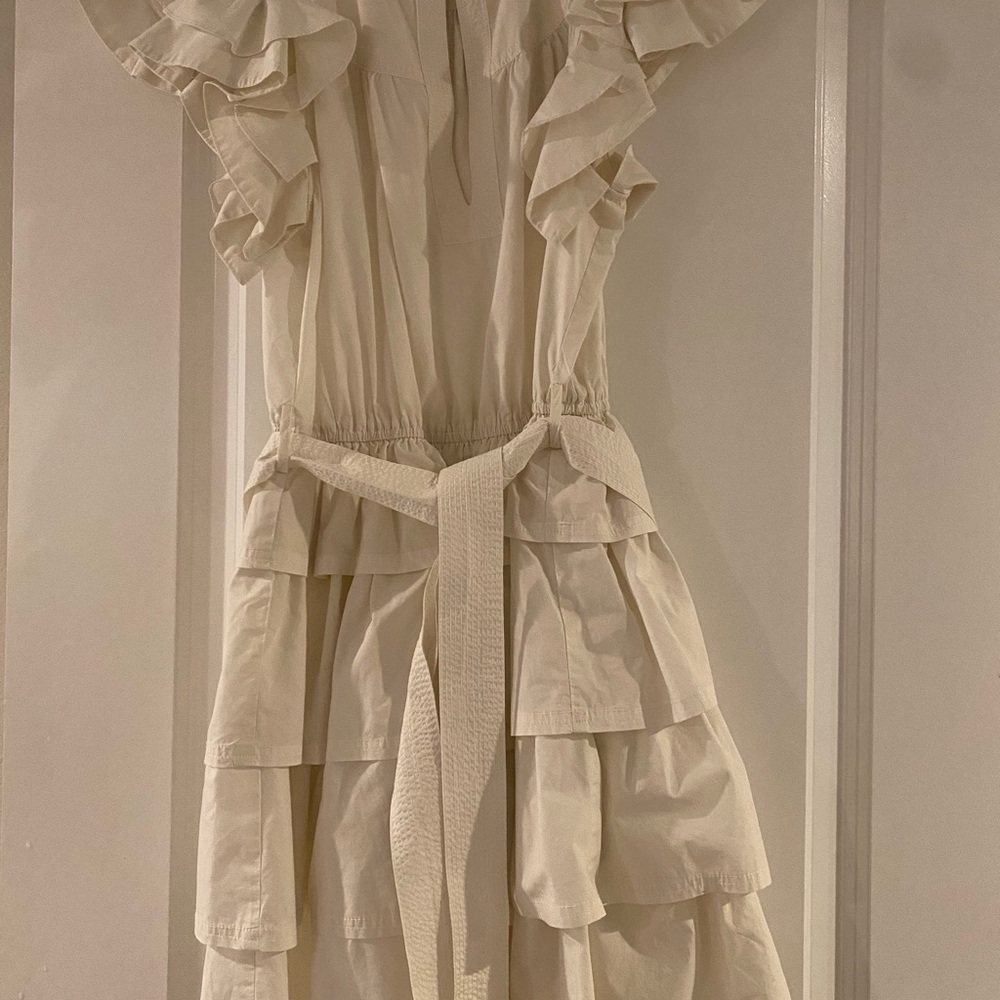Ulla Johnson Cream Tiered Ruffle Mini Dress with Waist Tie - Picture 3 of 4